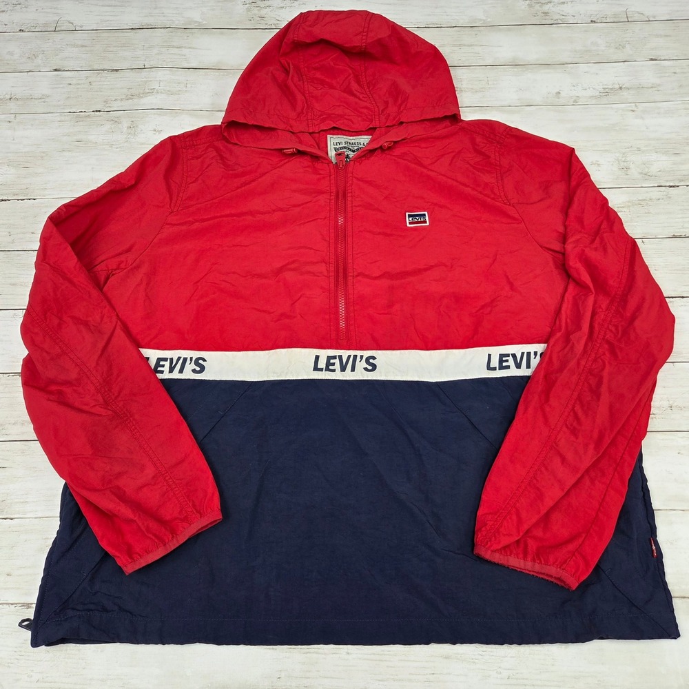 Levi's Colorblock Windbreaker Anorak Jacket Mens XL Red Navy Blue Half Zip Logo